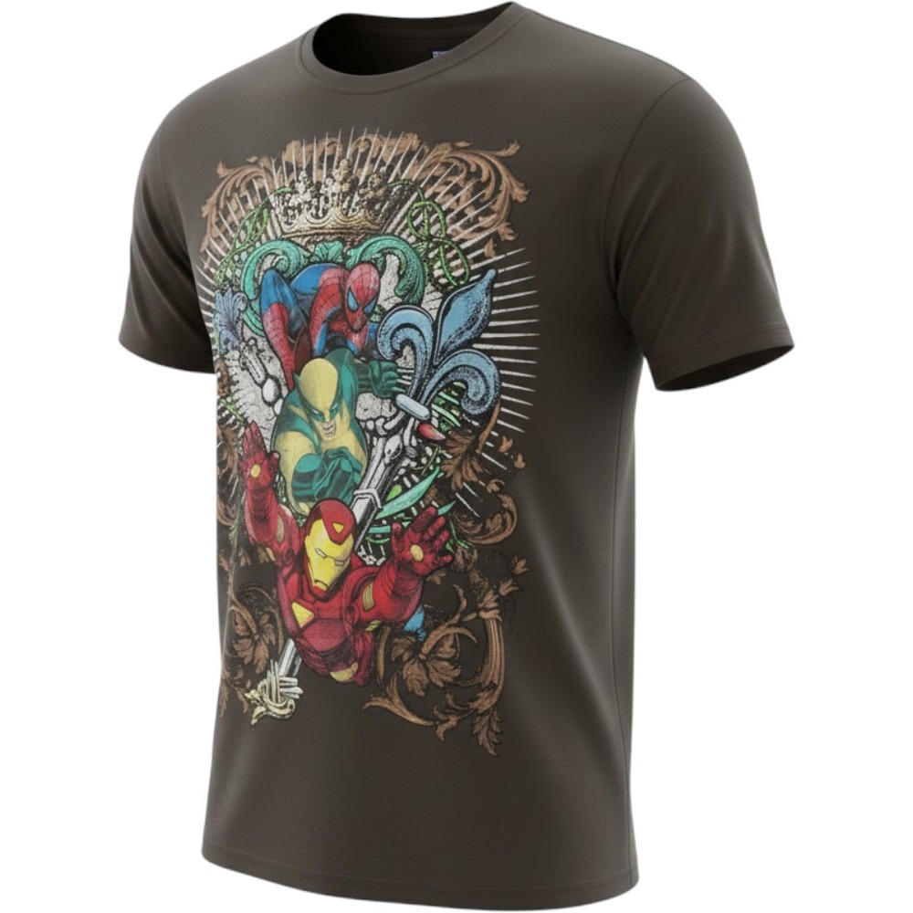 Marvel Comics Iron Man Wolverine Spider-Man Graphic T-Shirt Brown XL 2008 NWT